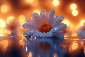 Serene Daisy Reflection with Warm Bokeh Lights for Tranquil Inspirations photo