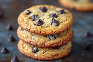 Stacked Chocolate Chip Cookies on Rustic Background for Dessert Inspiration photo