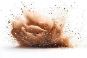 Dynamic Explosion of Brown Powder on White Background for Abstract and Creative Design photo