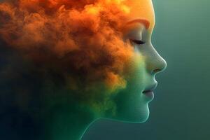 Dreamlike Portrait of Woman's Face with Abstract Colorful Smoke Art Concept for Design photo