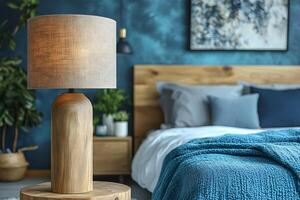Cozy Bedroom Design with Wooden Lamp and Modern Decor Elements for Interior Inspiration photo