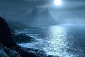 Moonlit Coastal Landscape with Rugged Cliffs and Ocean Waves photo