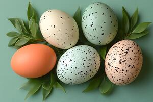 Spring Easter Egg Arrangement with Speckled Patterns on Green Leaf Background photo