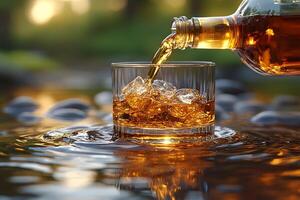 Whiskey Pouring into Glass with Ice in Outdoor Setting for Relaxation Concept photo