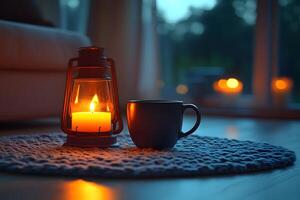 Cozy Evening with Lantern and Warm Drink on Knitted Rug by Candlelight photo