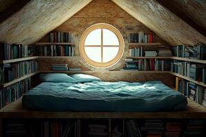 Cozy Attic Bedroom with Bookshelves and Circular Window for Relaxation and Reading photo