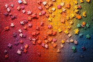 Colorful Rainbow Puzzle Pieces Arranged in Gradient Pattern for Creativity and Brain Teasers photo