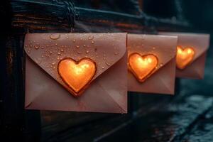 Romantic Illuminated Envelopes with Heart Motif in Rainy Setting for Valentine's Day photo