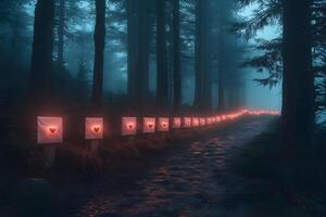 Romantic Pathway in Mystical Forest with Heart-Shaped Lanterns in Dense Fog photo