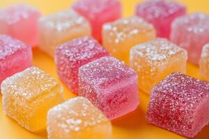 Vibrant Assorted Sugar-Coated Jelly Cubes on Yellow Background - Concept of Sweetness and Indulgence photo