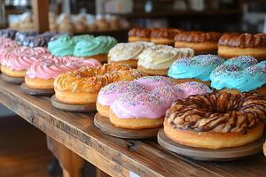 Assorted Colorful Donuts Display on Rustic Wooden Table for Bakery Promotion photo