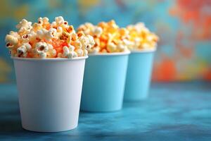 Freshly Popped Popcorn in Blue and White Containers Against Colorful Background photo