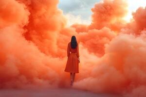 Dreamy Journey Through Vivid Orange Smoke Clouds for Conceptual Art photo