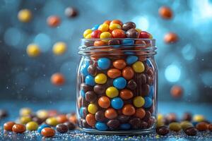 Colorful Assorted Candy Jar on Bokeh Background for Sweet Treats Design photo