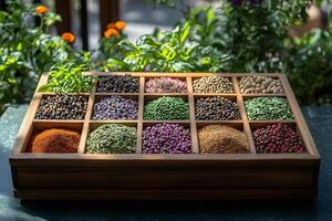 Variety of Colorful Spices and Herbs Displayed in Wooden Box for Culinary Inspiration photo