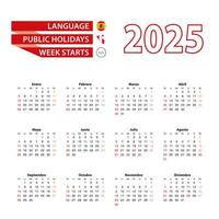 Calendar 2025 in Spanish language with public holidays the country of Peru in year 2025. vector