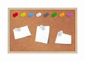 Cork Board with different pushpins and pinned notes, Bulletin Board in wooden frame. vector
