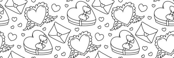 Valentines Day festive doodle pattern. Heart with angel wings. Heart-shaped box of chocolates with bow, envelope. Cute flying symbol Cupid. Line art romantic Background. outline illustration. vector