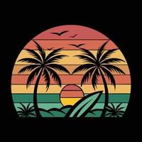 retro style palm trees and surfboard at sunset vector