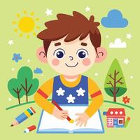 a boy is writing in a notebook with a pencil vector