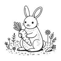 a black and white drawing of a rabbit holding a carrot vector
