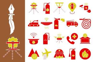Modern fire extinguisher and technology icon set. With red and yellow colors. Ideal for safety apps, fire websites, educational posters and presentations. vector