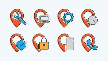 Simple Service and Support Illustrative Icon Set for Maintenance, IT, Security, and Communication with Pin Icon vector