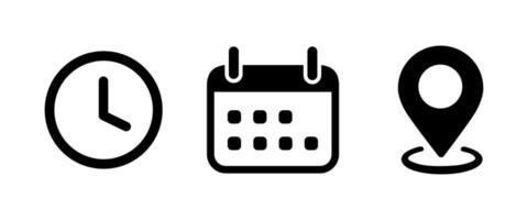 Time, Date, Address icons set. Event icons illustrations. Calendar, Location and clock icons isolated vector