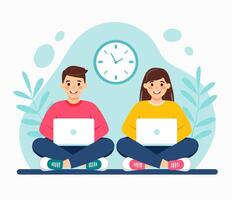 Boy and a girl with laptops at school. Illustration. Children with computers sit and learn programming. vector