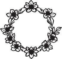 A black and white drawing of a wreath with flowers vector