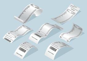Payment check and receipts with shadows. Set of curved financial paper, purchase invoice. Buying, bill or calculate pay. Receipt the seller forms vector