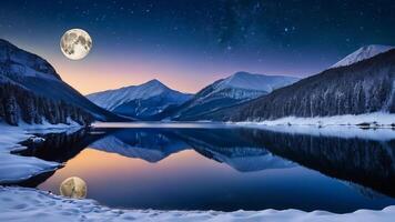 Snowy Mountain Lake with Full Moon Reflection and Starry Sky photo