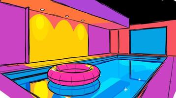 pool with pink inflatable ring floating in the water. The pool is empty and the room is brightly lit. vector
