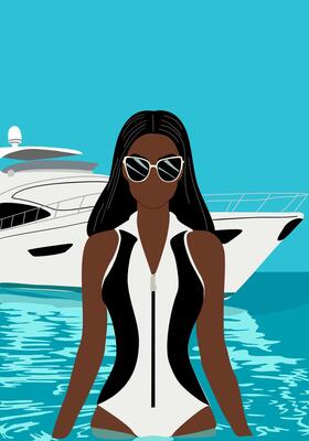 A woman in a bikini is standing in the water next to a boat.