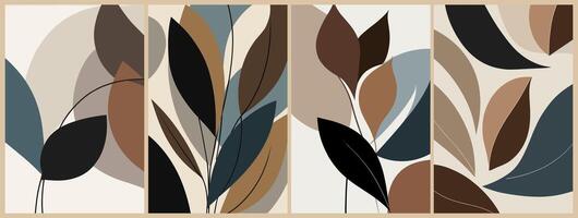 Set of retro inspired abstract botanical posters with tropical leaves in a earthy tone color palette vector