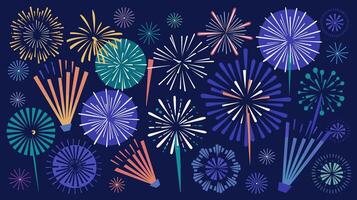 Firework festival celebration background. Festive show in night sky. Exploding Flashes of salutes. Holiday entertainment scene vector