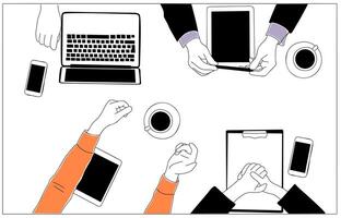Diverse group of people sitting around table with laptops, tablet, computer. Business team working together vector