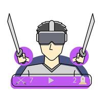 VR Games. Characters wearing virtual reality headsets, wielding swords, emphasizing action. Representing VR games, technology and interactive entertainment. vector