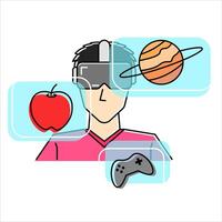 Person wearing VR headset with floating icons of apple, planet, and game controller. Represents immersive experience of mixed reality, combining elements of virtual and virtual reality. vector