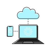 Cloud based development platform concept. Cloud icon connected to laptop and smartphone. Both devices display gear icon. Representing cloud computing and device synchronization for development. vector