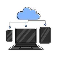 Cloud computing application concept. The image shows cloud icons connected to a smartphone, laptop, and tablet, representing the concept of cloud storage and synchronization across devices. vector
