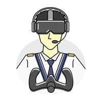 The pilot character wears a VR headset symbolizing the use of virtual reality in a pilot training simulator, indicating the training environment. Relevant in relation to aviation and technology. vector