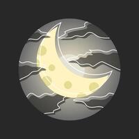 The crescent moon is surrounded by dark clouds on a dark to light gray gradient background, creating a nighttime atmosphere. The moon shines softly, adding to the mystical and serene impression. vector