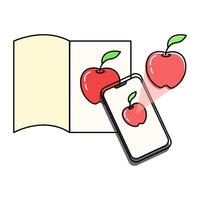 Augmented Reality AR application concept. Smartphone scans an image of an Apple book. A 3D Apple appears on the screen. Ideal for education, entertainment and marketing. vector