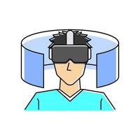Character wearing VR headset, exploring virtual tour. Blue shirt, semicircular background suggests immersive experience. Represents the potential of VR for virtual travel and exploration vector