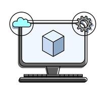 Virtual machine VM, a computer screen showing cubes, cloud icons, and gear icons. Concepts related to virtualization, cloud computing, and virtual machine management in the IT field. vector