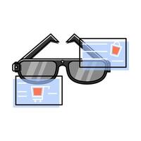 AR glasses with shopping interface. Transparent lenses display shopping cart icons and product images. Enhances shopping with real time info and visuals. Seamless blend of physical and digital worlds vector