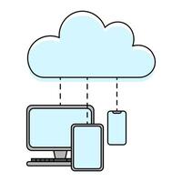 Cloud network concept. Cloud icon connected to desktop, tablet, and smartphone. Represents data synchronization, sharing, and access across devices. Modern data storage and access solution. vector