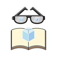 AR glasses with a 3D cube emerging from a book. Represents the integration of digital elements with physical objects. Relevant to augmented reality, virtual reality, and mixed reality technologies. vector