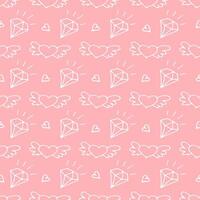 valentine doodle pattern with diamonds and flying hearts on pink background vector